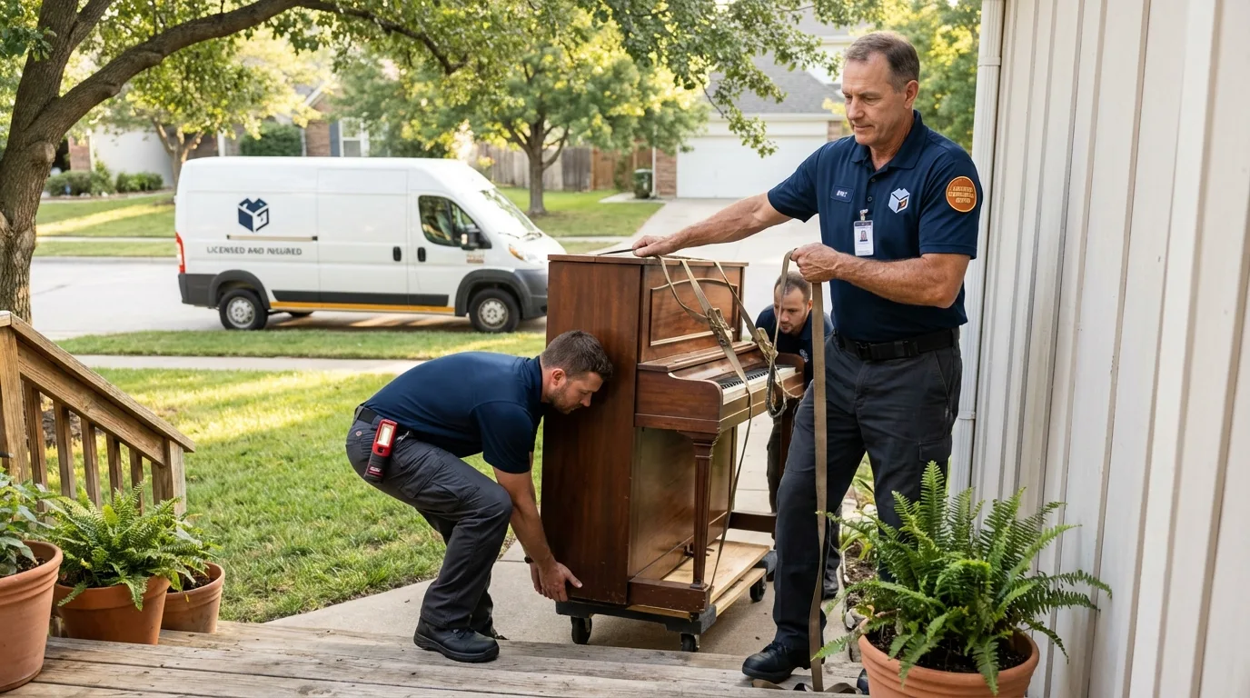 Licensed piano movers securing grand piano in Missoula, MT