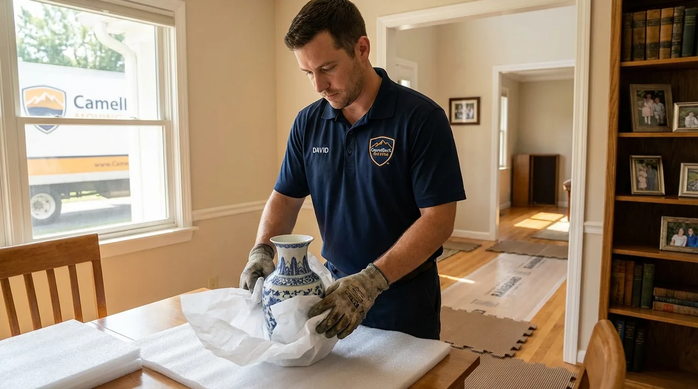 Professional crew carefully wrapping antique vase for senior downsizing move in Missoula, MT